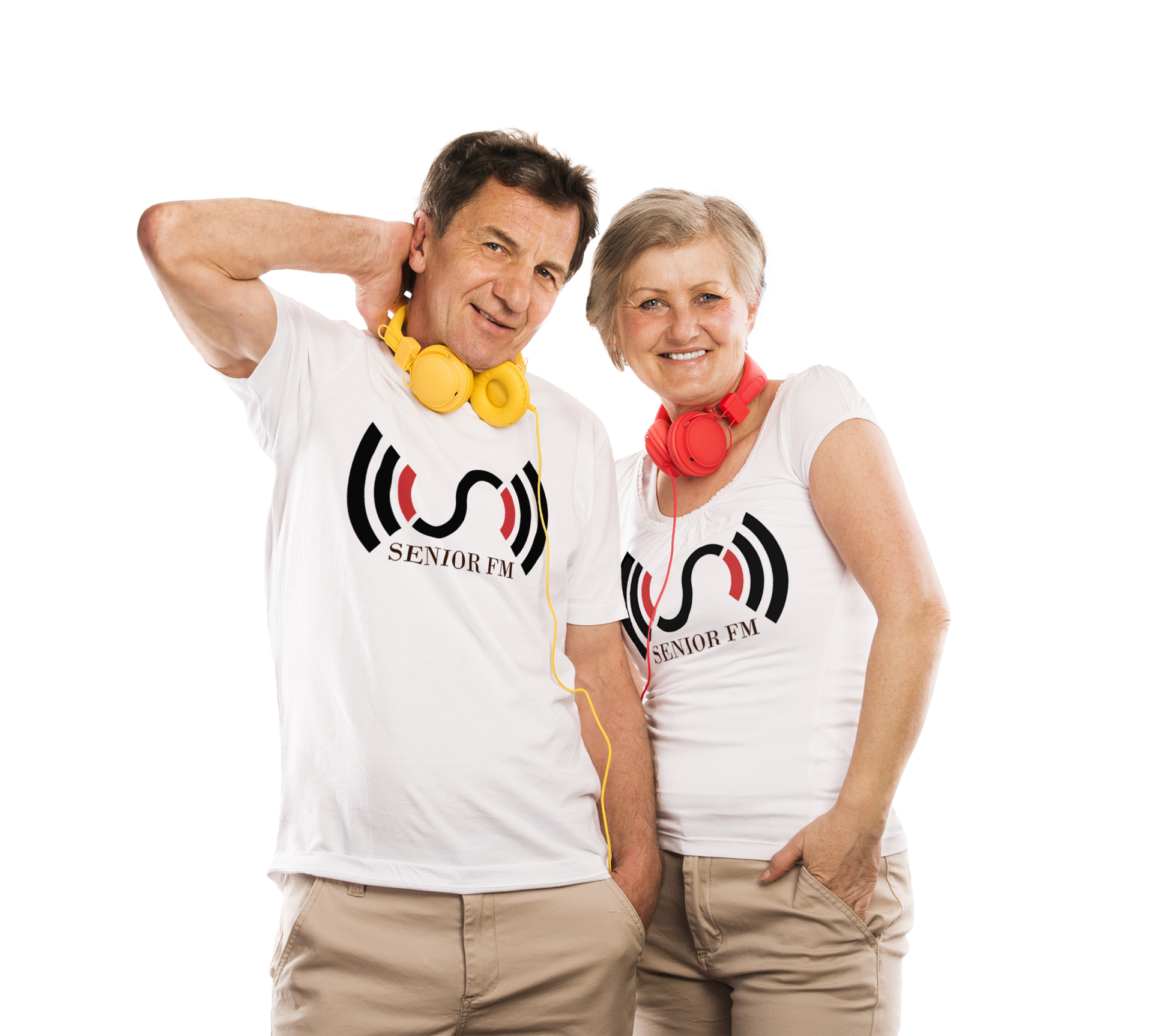 Couple wearing Senior FM shirts and headphones